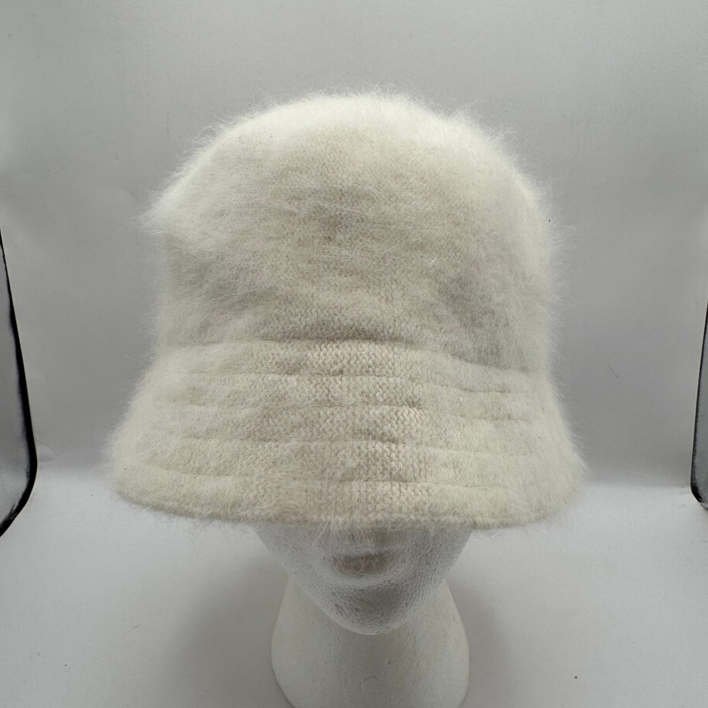 Angora Rabbit Hair Bucket Hat Womens One Size White Fuzzy Knit